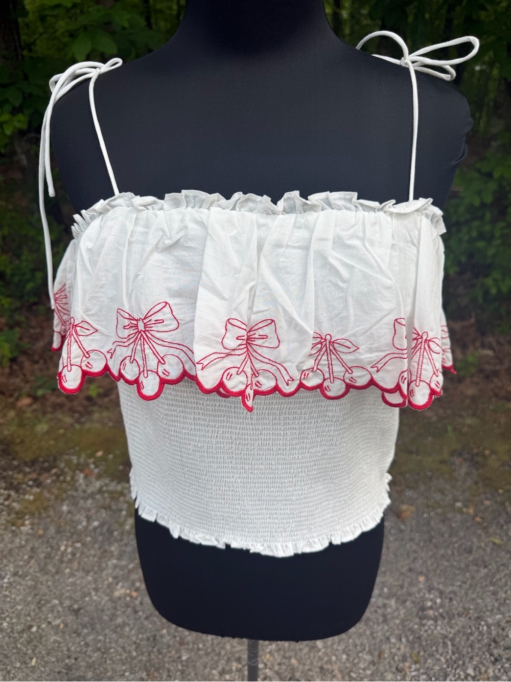 White Smocked Tie-Shoulder Crop Top with Red Embroidered Trim